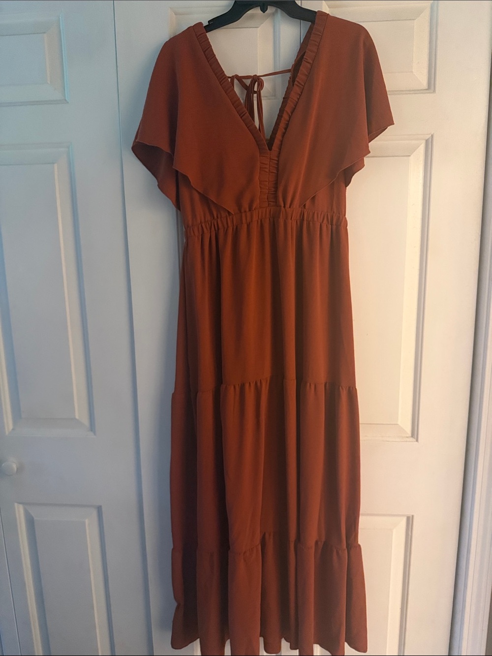Rust Tiered V-Neck Maxi Dress with Flutter Sleeves